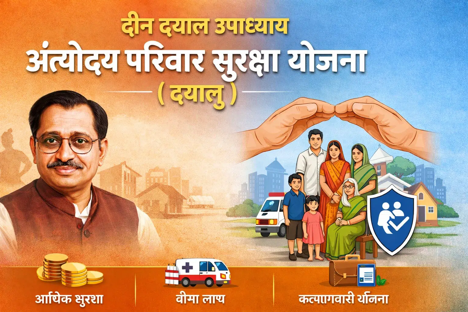 दीन दयाल उपाध्याय अंत्योदय परिवार सुरक्षा योजना (दयालु) पोस्टर जिसमें परिवार को बीमा सुरक्षा और सरकारी सहायता दर्शाई गई है।