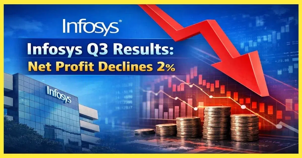 Infosys Q3 Results showing 2 percent decline in net profit with downward arrow, stock chart, and Infosys office building background.