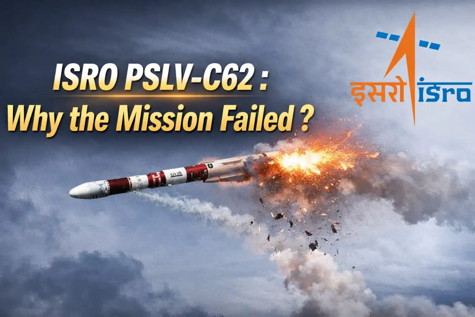 ISRO PSLV-C62 rocket anomaly during third stage causing mission failure with ISRO logo and headline