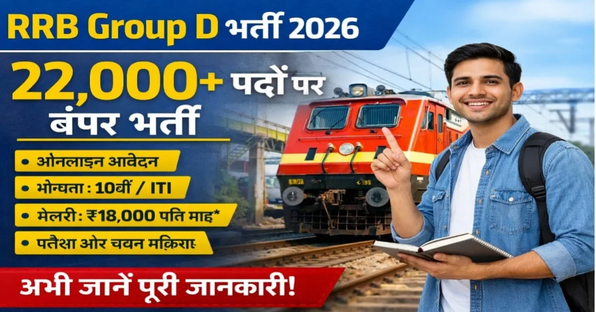 RRB Group D Recruitment 2026 – रेलवे में 22000 पदों पर भर्ती, 10वीं पास के लिए सरकारी नौकरी
