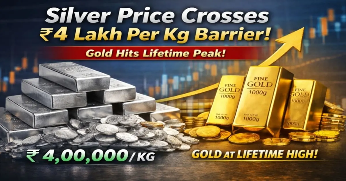 Silver price crosses ₹4 lakh per kg in India while gold hits lifetime high, showing rising bullion market and record gold silver rates.
