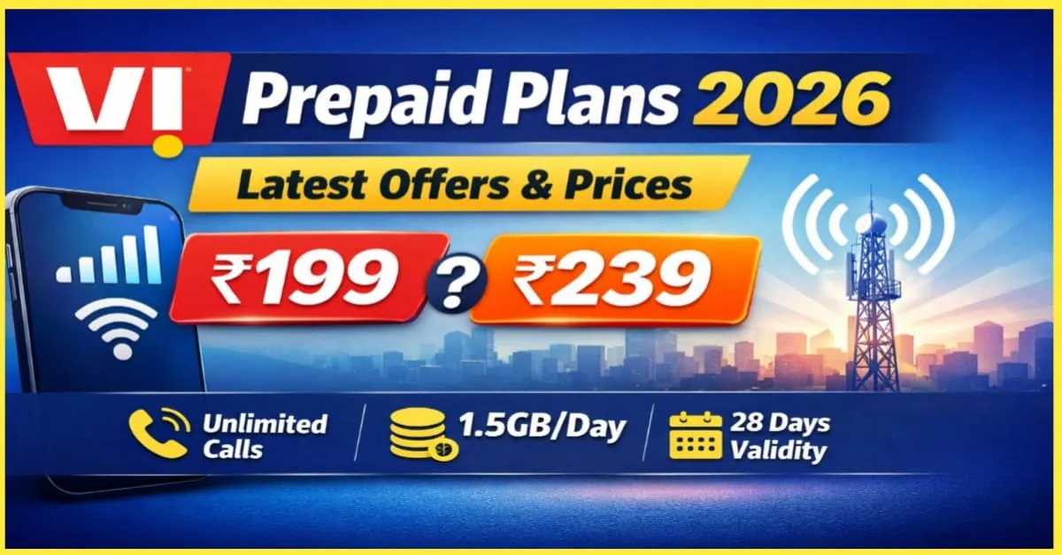 VI New Recharge Plans 2026 showing ₹199 vs ₹239 prepaid plan comparison with unlimited calls, 1.5GB per day data and 28 days validity.
