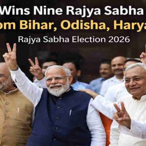 NDA leaders celebrating victory in Rajya Sabha Election 2026 after winning seats from Bihar Odisha and Haryana