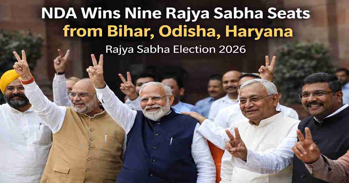 NDA leaders celebrating victory in Rajya Sabha Election 2026 after winning seats from Bihar Odisha and Haryana