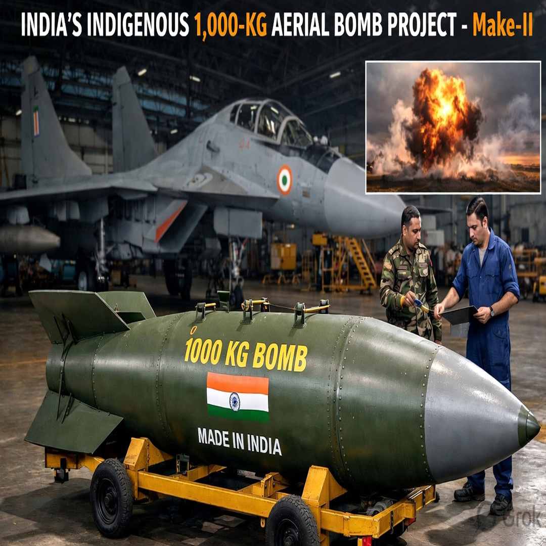 India's Indigenous 1,000-kg Aerial Bomb Project - Make-II. A large green 1000 kg bomb with 'Made in India' and Indian flag is displayed in an aircraft hangar, with a fighter jet in the background and two personnel (one in military uniform and one in blue overalls) inspecting it. Explosion inset image on top right.