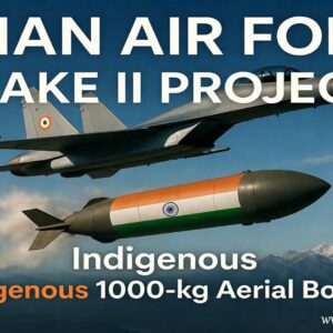 Indian Air Force indigenous Make-II bomb similar to US Mk-84 aerial bomb with fighter jet and explosion background