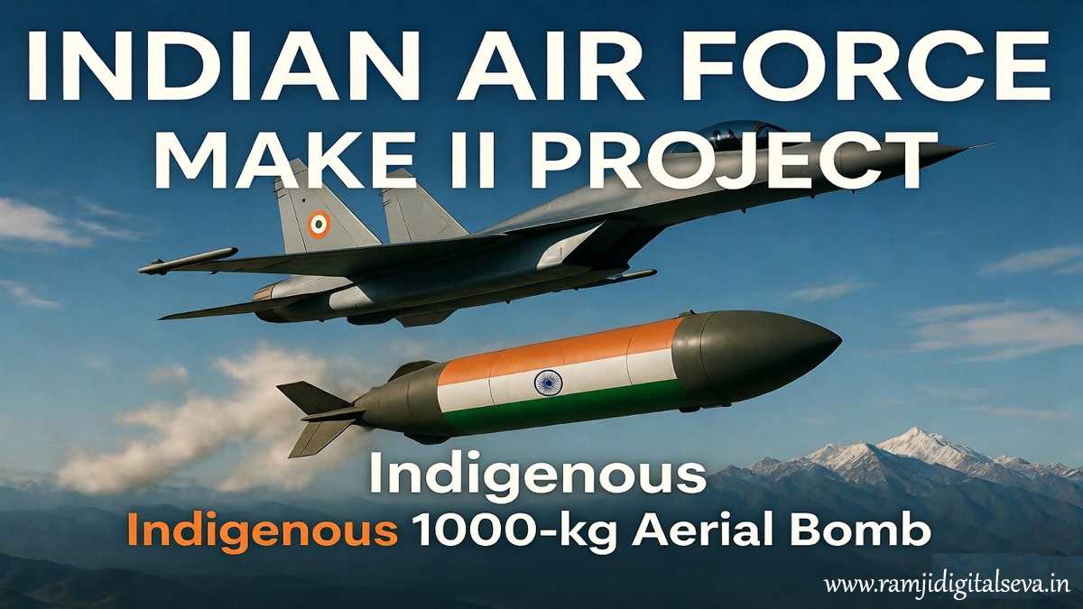 Indian Air Force indigenous Make-II bomb similar to US Mk-84 aerial bomb with fighter jet and explosion background